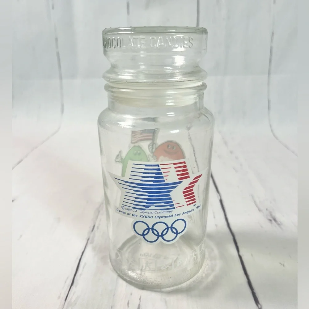 Vintage 1984 Los Angeles Olympics M&M Glass Candy Jar Anchor Hocking Lid